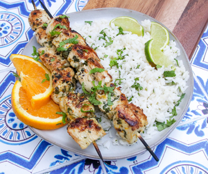 Cuban Mojo Chicken skewers new to rice